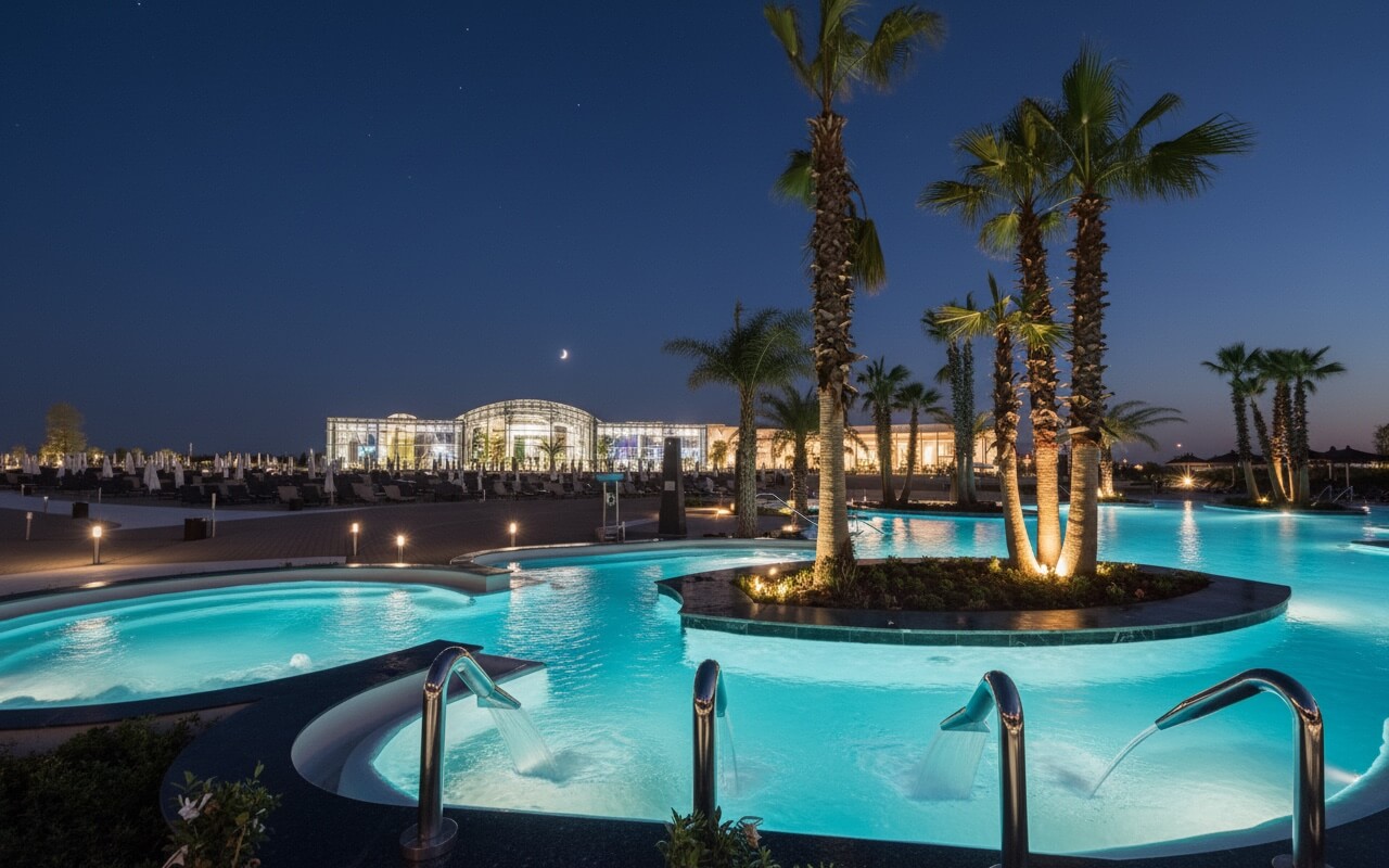 Therme Bucharest outdoor pools at night