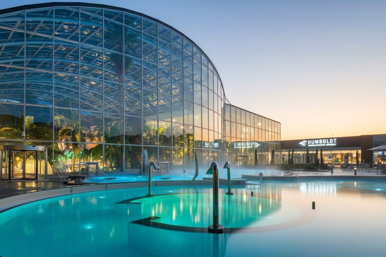 Therme Bucharest exterior glass dome and outdoor pools