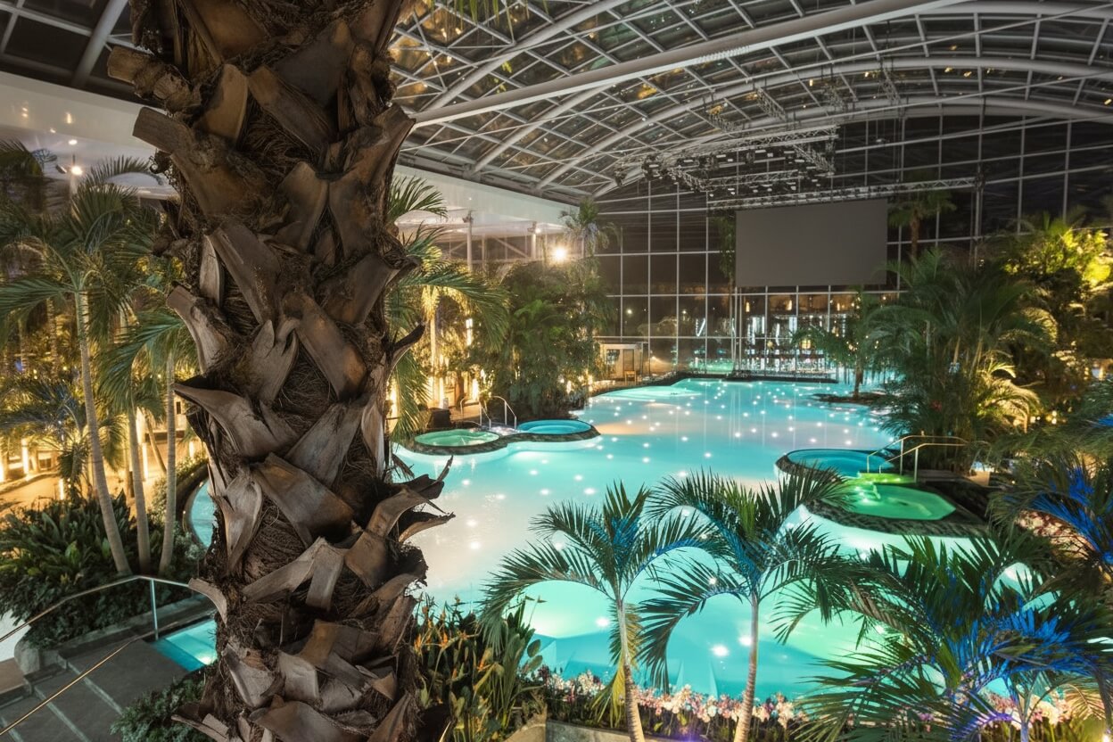 Therme Bucharest aerial view of pools and palms